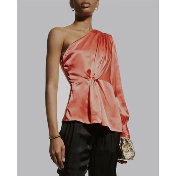 CINQ À SEPT Stace One Shoulder Silk Top Neon Coral Size XS - Picture 4 of 5